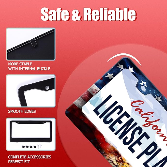 Personalized License Plate Frame American Flag Eagle Stainless Steel Accessory Patriotic Holder Funny Car Decorative 2 Holes Screws Fits Us Standard License Plates 12.2 X 6.3 in for Men Women