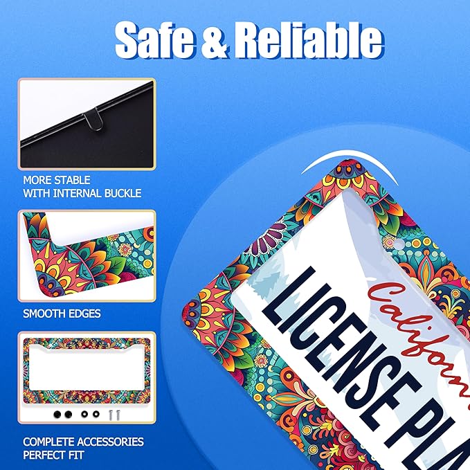 Boho License Plate Frame Beautiful Mandala Flowers License Plate Stainless Steel Funny License Plate Holder Hippie Car Accessories Decoration with 2 Screws Fits Standard Vehicles Size 12.3" x 6.3"