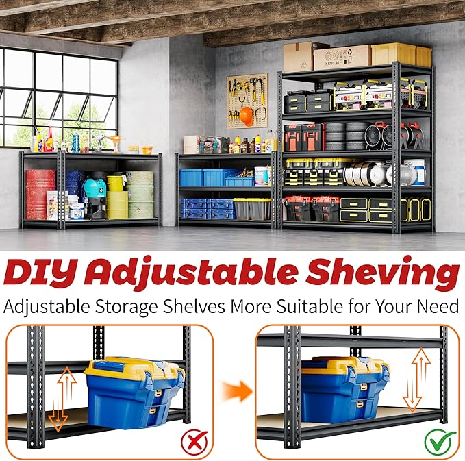 72"H Storage Shelves heavy duty, 2000LBS Garage Shelving, 5 Tier Metal Shelving Unit Adjustable Garage Shelves Utility Rack Shelf for Storage Warehouse Pantry Closet,35.6" W × 16" D × 72" H, Black