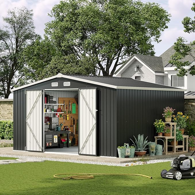 Aoxun 12x10 FT Shed Metal Outdoor Waterproof Storage Shed Steel Utility Garden Tool Shed with Door & Lock Outdoor Storage for Garden Patio Lawn Poolside, Black