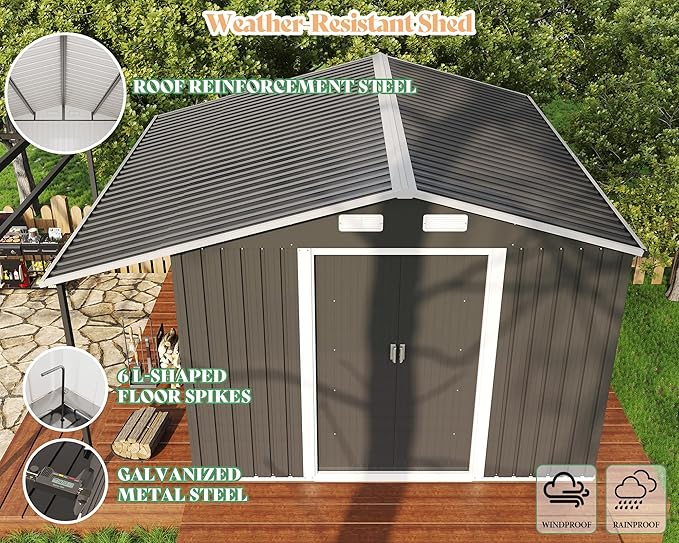 AMERLIFE 10.6x10.3x6.3 FT Galvanized Metal Storage Shed with Open Firewood Bay, Sliding Doors & Ramp, 2 Windows & Vents, Weather-Resistant Outdoor Tool/Garden Shed, Dark Grey/White
