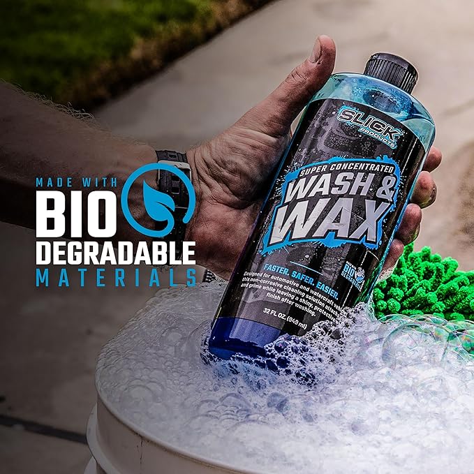 Slick Products Wash & Wax Extra Thick Foaming Cleaning Solution Motorcycle, Truck, Trailer, Boat, Car Wash Soap - Works With Foam Cannon, Foam Gun, Sprayers, Buckets, 128 oz., Tropical Scent