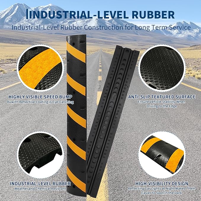 4 PCS 6FT Speed Bumps Wite End for Road, Heavy-Duty 25,000 lbs Capacity Traffic Rubber Speed Humps with 2 Channel Floor Cord Cover for Asphalt Concrete Gravel Driveway Road (4)