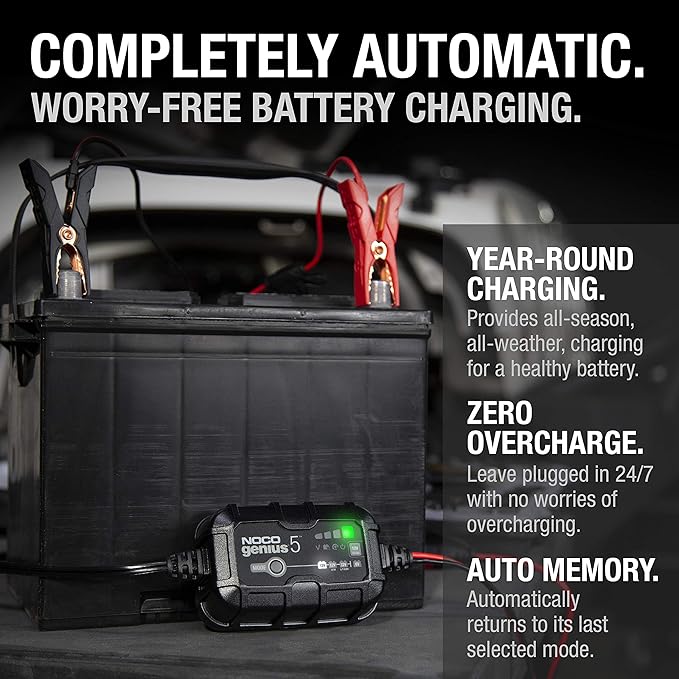 NOCO GENIUS5: 5A 6V/12V Smart Battery Charger – Automatic Maintainer, Trickle Charger & Desulfator with Overcharge Protection & Temperature Compensation – For Lead-Acid & Lithium Batteries