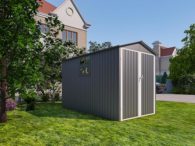 Motorcycle Steel Storage Shed with Window & Tracks,Outdoor Weather-Resistant Storage Box for Bikes, Tools, Sports Equipment,Easy Assembly, 121" W Gray+White