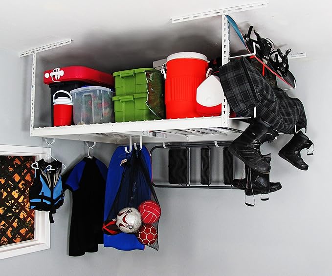 MonsterRax Overhead Garage Storage Racks 4x6 (2-Pack) Ceiling Mounted Shelving, Adjustable Hanging Storage Organizer, Heavy Duty Steel, Holds 500 Pounds, Color: White, Adjusts 18"-33” off Ceiling