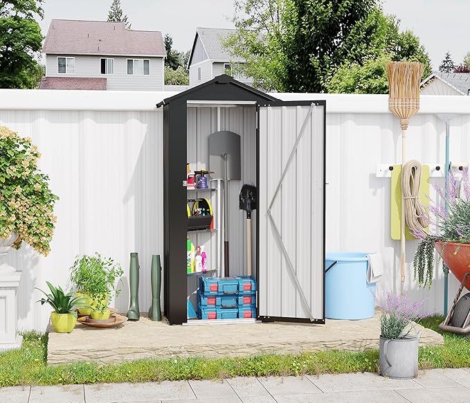 2.5x1.4 FT Outdoor Storage Shed, Small Metal Garden Shed with Adjustable Shelves, Mini Outside Tool Sheds with Lockable Hinged Door, Waterproof Outdoor Storage Cabinet for Backyard, Patio, Lawn, Black