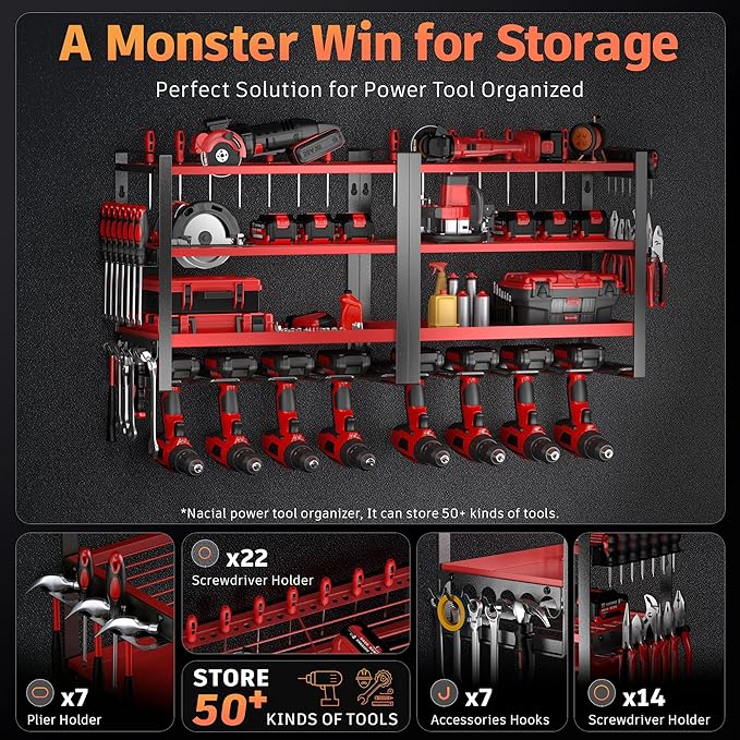 Power Tool Organizer Wall Mount, 4 Layer Drill Holder Wall Mount, Heavy Duty Tool Rack, Garage Tool Organizers and Utility Storage Rack for Drill Holder Charging Station, Perfect for Father's Day Gift