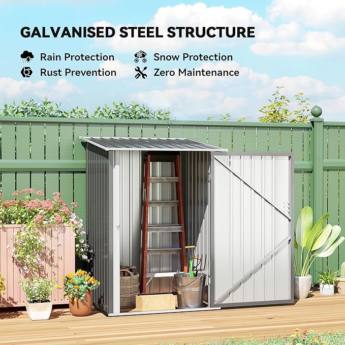 Outsunny 3.3' x 3.4' Outdoor Storage Shed, Metal Garden Tool House with Sloping Roof and Lockable Door for Backyard, Bike, Patio, Garage, Lawn, Gray