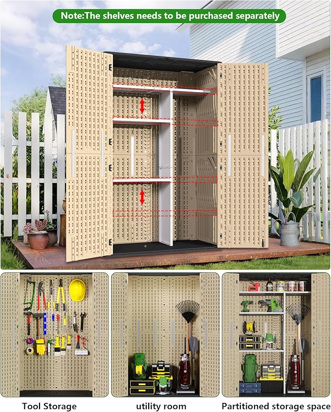 60 Cu.Ft Vertical Outdoor Storage Shed, Weatherproof Outdoor Tall Cabinet, Lockable Resin Shed with Double-Wall Panels and Floor for Garden, Garage, Patio(Shelves Not Included)