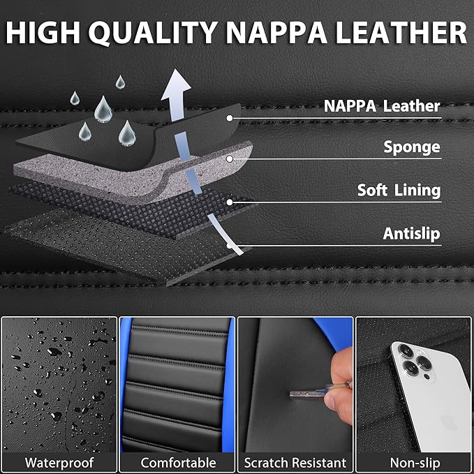 CAR PASS Nappa Leather Car Seat Covers Front Seats, Luxury Seat Protector for Cars, Waterproof Anti-Slip Seat Cushion Armrest Compatible Airbag Universal for Sedan SUV Pick-up Truck Auto, Black Blue