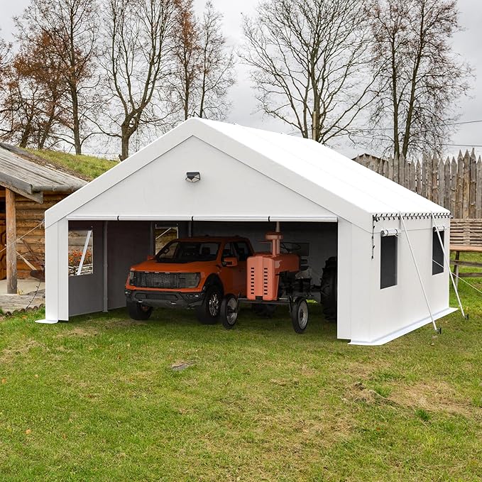 20x20 Carport, Heavy Duty Carport Canopy Garage with Removable Sidewalls and Drive Through Roll Up Zipper Doors, White