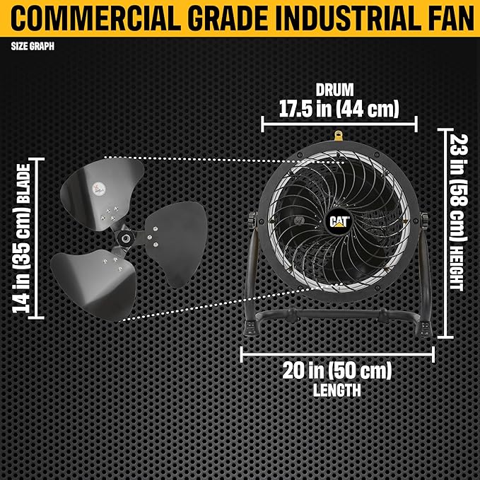 CATERPILLAR (HVD-14AC) High Velocity 14" Drum Air Circulator Fan with Heavy Duty Industrial Grade 360-degree Adjustable Drum Head, and 2300 CFM Dual Ball Bearing 4-speed Motor, Yellow