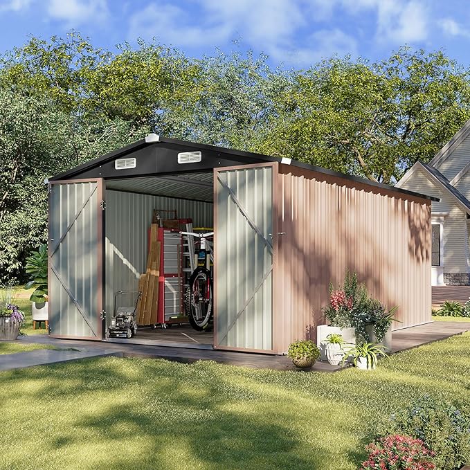 Aoxun 8x12 FT Outdoor Storage Shed Large Shed Steel Utility Tool Shed Storage House with Door & Lock, Metal Sheds with Sloped Roof for Garden Patio Lawn Poolside, Brown