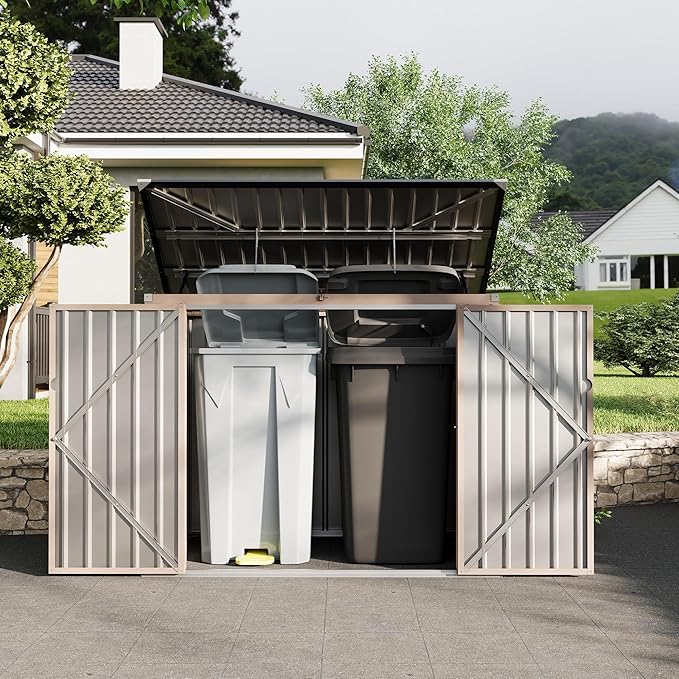 3x6 FT Garbage Bin Shed Stores, Outdoor Trash Can Storage 2 Binsgarbage Bin Storage Shed, Metal Trash Shed Waterproof Outside Storage