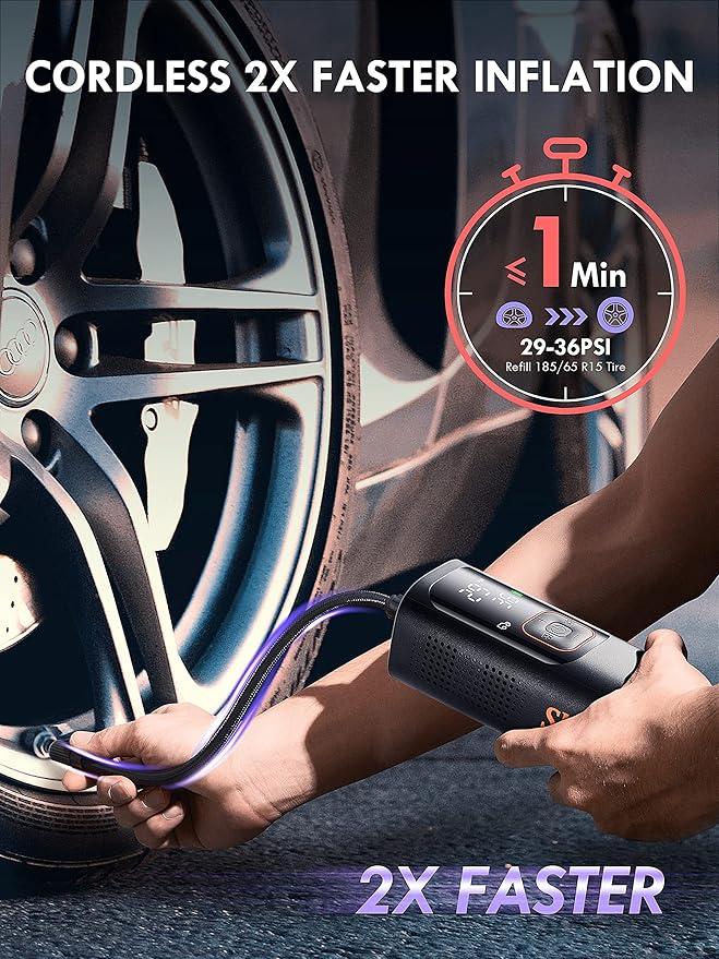 Tire Inflator Portable Air Compressor - Powerful 160PSI & 2X Faster, Accurate Pressure LCD Display, Cordless Easy Operation - Portable Air Pump for Car, Motorcycle, E-Bike, Ball