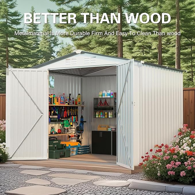 ARMSET 8x6 FT Metal Outdoor Storage Shed for Backyard, Patio, and Garden - Heavy Duty Tool Shed with Lockable Door & Side Window, Waterproof Galvanized Steel Storage Building for Bike and Tool Storage