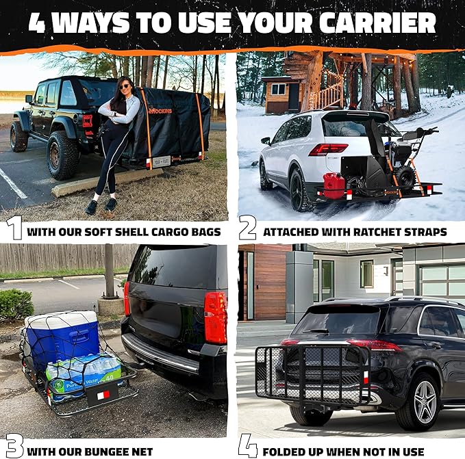 Mockins 60"x24"x6" Weatherproof Trailer Hitch Cargo Carrier & 25 Cu.Ft. Waterproof Cargo Bag | 500 Lbs. Capacity Folding Luggage Rack for Car Hitch w/All-Weather Truck Bed Storage Bag & Accessories