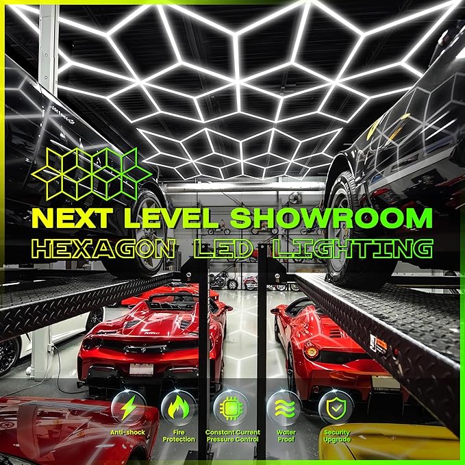 GOSLARLIT LED Garage Light Hexagon, Hexagram Shop Detailing Lights, 6500K Daylight White, Linkable Plug-in Ceiling Light for Garage Workshop Basement Gym Warehouse