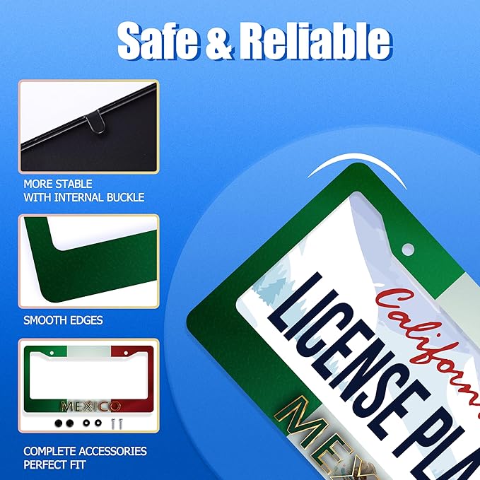 Mexico Flag License Plate Frame Personalise Mexican Funny License Plate Stainless Steel Flag License Plate Holder Car Accessory with Screws Car Decoration 12.3" x 6.3" for Men Women