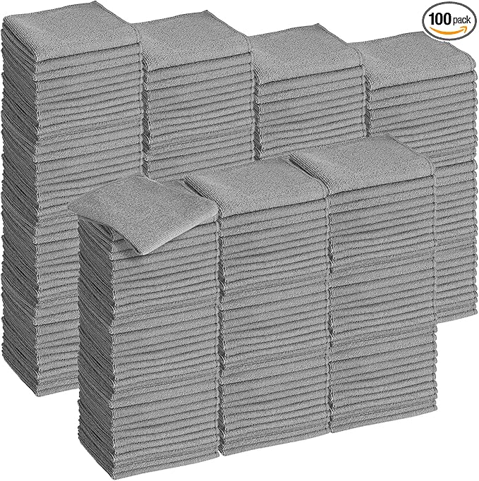 Tenare 100 Pack 12'' x 12'' Microfiber Cleaning Cloths Reusable Cleaning Rags Bulk Microfiber Towels Softer Highly Absorbent Washcloths for House Kitchen Car Window(Gray)