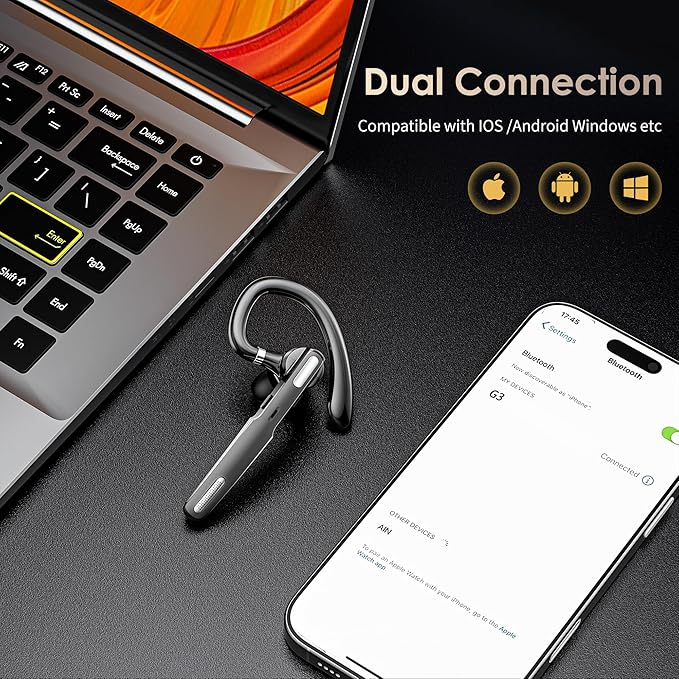 Bluetooth Headset, Wireless Bluetooth Earpiece V5.0 Hands-Free Earphones with Built-in Mic for Driving/Business/Office, Compatible with iPhone and Android (Gray)