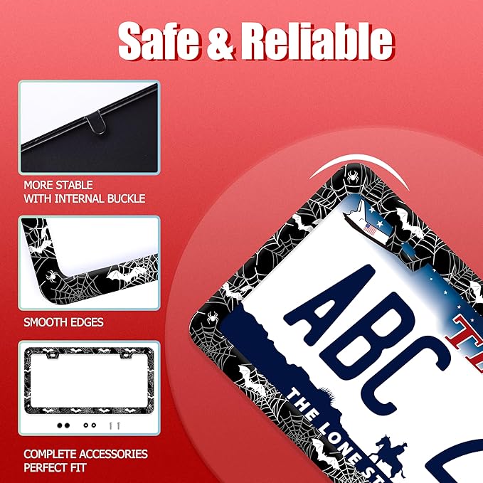 Bat Spider Web License Plate Frame Funny Gothic License Plate Frames Stainless Steel Accessories Cars Decor with 2 Holes and Screws Fits Standard Us Ca Vehicles License Plate Holder 12.2 X 6 Inch
