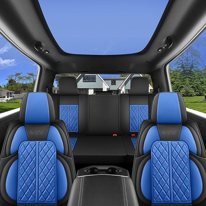 Car Seat Cover Custom Fit for Dodge Ram 1500 2500 3500 2009-2024 Faux Leather Seat Cover Set Compatible with Crew Quad Regular Cab Pickup Truck Cushions (Black & Blue, Full Set, Flat Rear)
