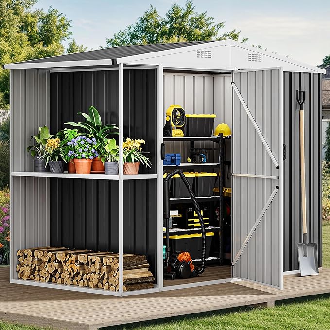 DWVO 8 x 4 ft Outdoor Storage Shed with 2-Tier Shelf, Metal Tool Shed & Garden Storage Cabinet for Backyard, Patio, Equipment & Bike, Dark Gray