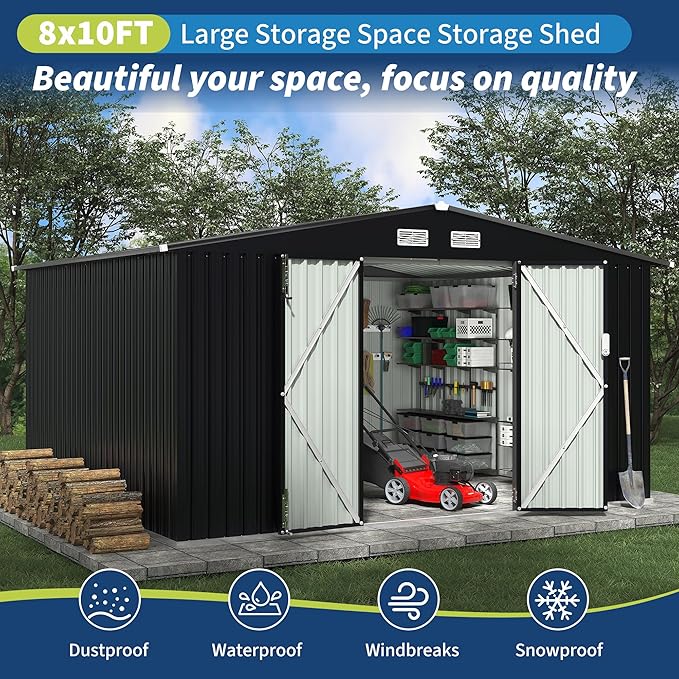 8x10x6.4 FT Outdoor Storage Sheds with Floor, Metal Garden Tool Shed for Backyard, Large Metal Sheds Outdoor Storage With Lockable Doors & Air Vents for Backyard Garden Patio Lawn