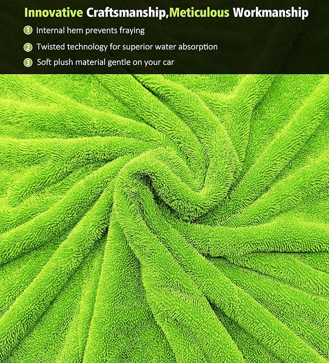 2-Pack Car Drying Towels, 16"x 16" Microfiber Drying Towel for Car Detailing, 1400 GSM High Absorbent Edgeless Streak Free Car Wash Drying Towels for Car Truck SUV, Green&Gray