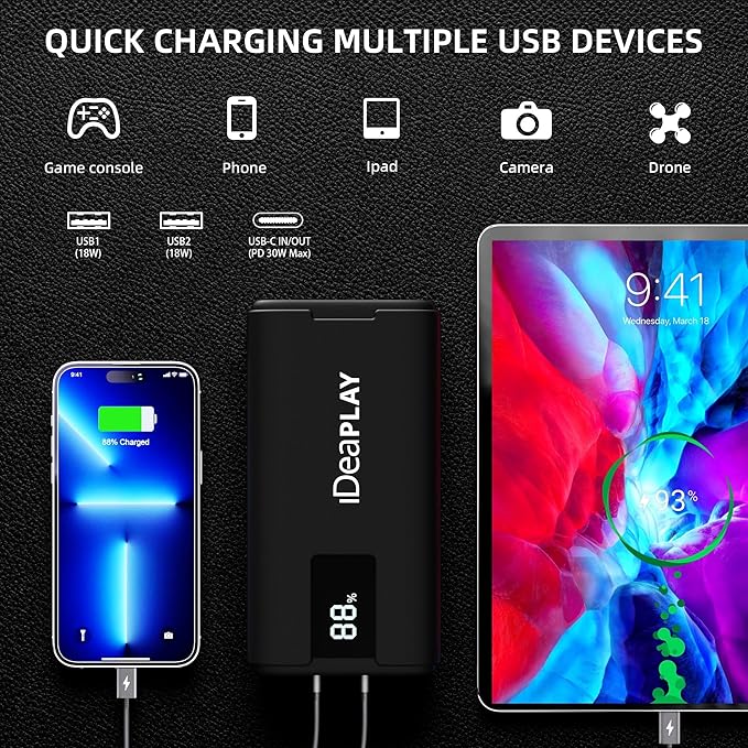 IDEAPLAY J10 Jump Starter, 2000A 12V Car Battery Jump Starter Portable for Up to 8.0L Gas and 7.0L Diesel Engine, Jump Box with Jumper Cables, Type C Fast Charging Battery Jumper with LED Flashlight