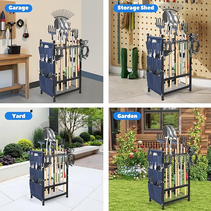 Garden Tool Rack Freestanding, Heavy Duty Garden Tool Organizer, 3-tier Tool Rack, Multifunctional Yard Tool Storage with Hooks and Storage pockets for Outdoor Long-Handled Broom Shovel Rake