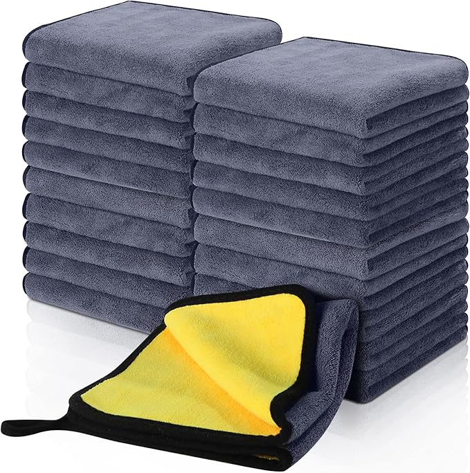 Nuenen 20 Pcs Microfiber Cleaning Towels for Cars 800 GSM Thick Plush Microfiber Cleaning Cloth Dusting Cloth Auto Detailing Absorbent Towels for Car Kitchen Window, 15.75 Inch(Grey and Yellow)