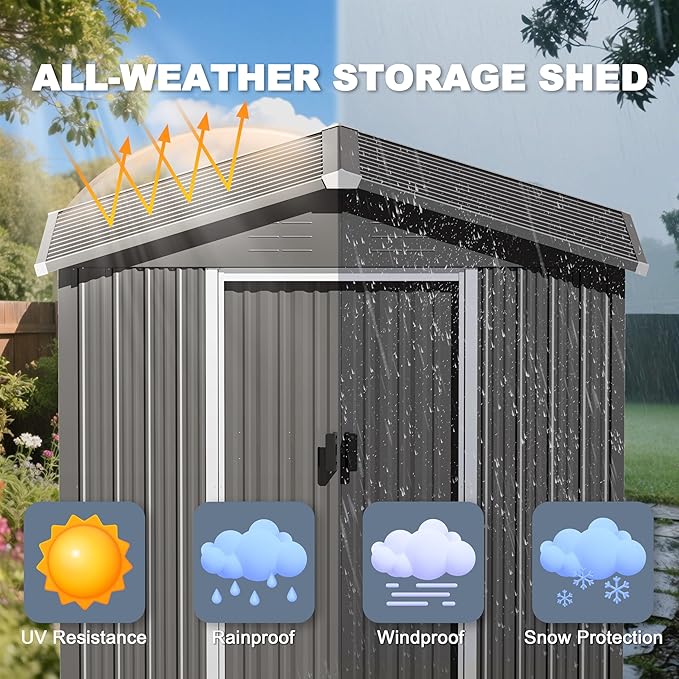 Nuu Garden 6 x 4 FT Outdoor Storage Shed with Sliding Doors, Galvanized Metal Garden Shed with Sloping Roof, Anti-Corrosion Outdoor Tool Shed with Air Vents for Backyard, Patio, Lawn, Gray