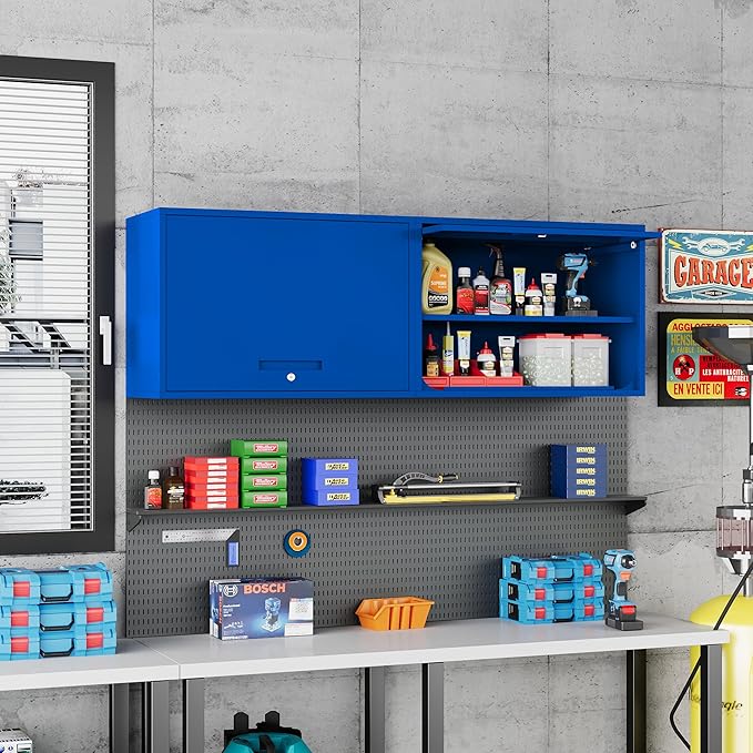 Metal Storage Cabinet Blue Wall Cabinets with Shelf and Locking Door - Wall Mounted Storage Cabinet for Garage Warehouse Home Office - Assembly Required