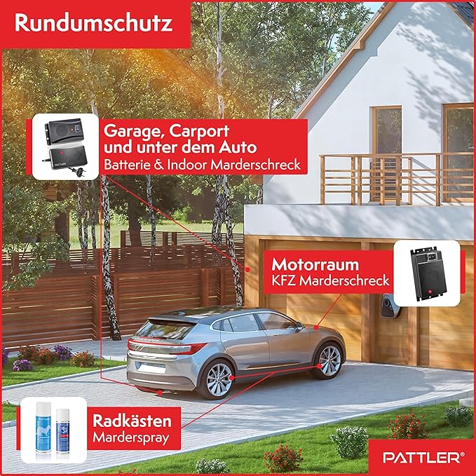 PATTLER® Marten Repellent for Car Engines - Ultrasonic Marten Repeller Under Hood for Immediate and Long-Term Protection Against Martens. Marten Deterrent for Cars Powered by 12V Car Battery - 1 Unit