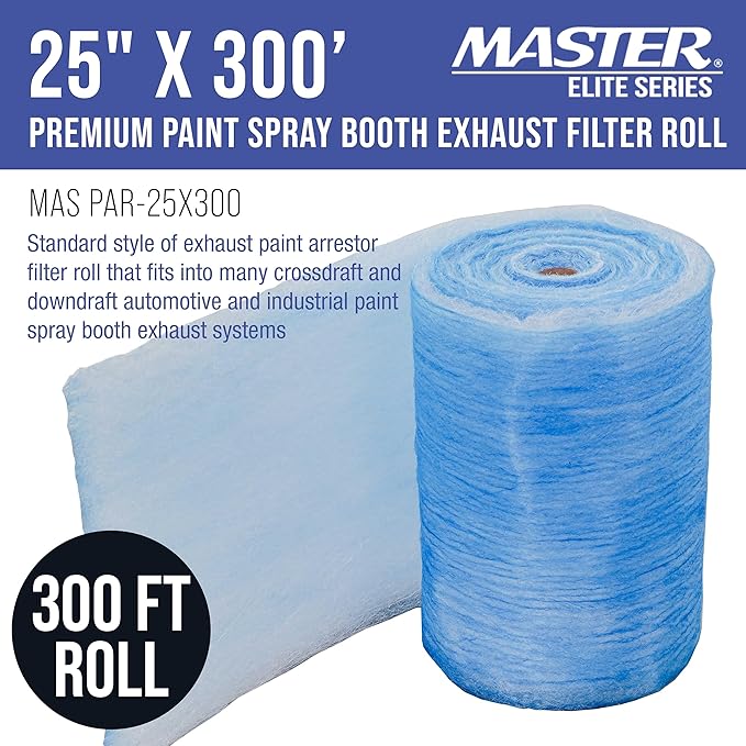Master Elite Premium Paint Spray Booth Exhaust Filter Roll, 25" x 300' - 18 Gram Heavy-Duty Fiberglass Arrestor - Captures Traps Overspray Particles in Auto Car Autobody Refinish Booths