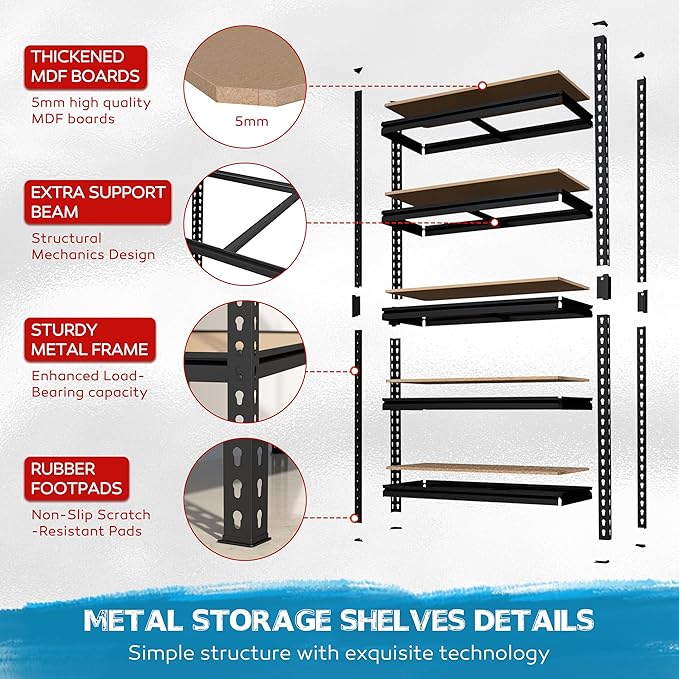 MUPATER 36" W x 18" D x 72" H Metal Storage Shelves, Heavy Duty Utility Shelf Racks, Garage Shelving Unit, 5 Tier Shelves and Adjustable Shelves for Kitchen Warehouse Garage
