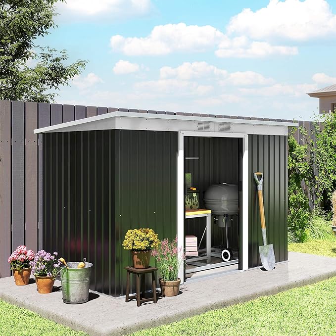 Outsunny 9' x 4' Outdoor Storage Shed, Metal Garden Tool House with Sloping Roof and Lockable Door for Backyard, Bike, Patio, Garage, Lawn, Gray