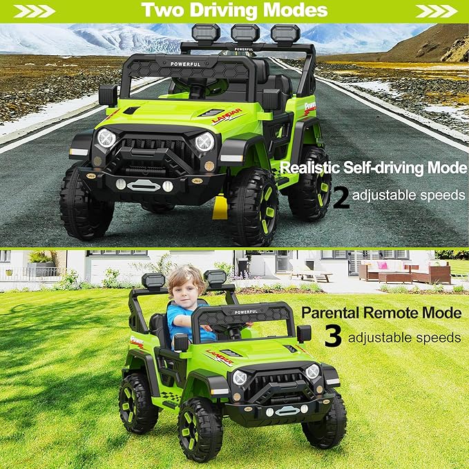 Kids Electric Vehicle, 12V Battery Powered Ride On Car with 2.4G Remote Control, Electric Car for Kids, 3 Speed Ride On Toy, Soft Start, LED Lights, Bluetooth, Green