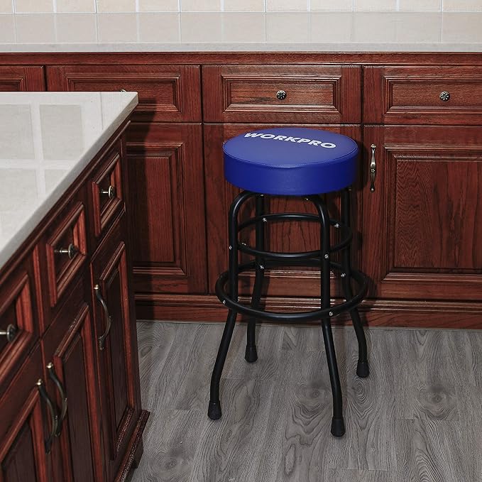 WORKPRO W112003 Garage Shop Stool, Heavy-Duty Steel Construction Garage Stool, Swivel Cushion Seat, Black Powder Coated Legs & Footrest (Single Pack)