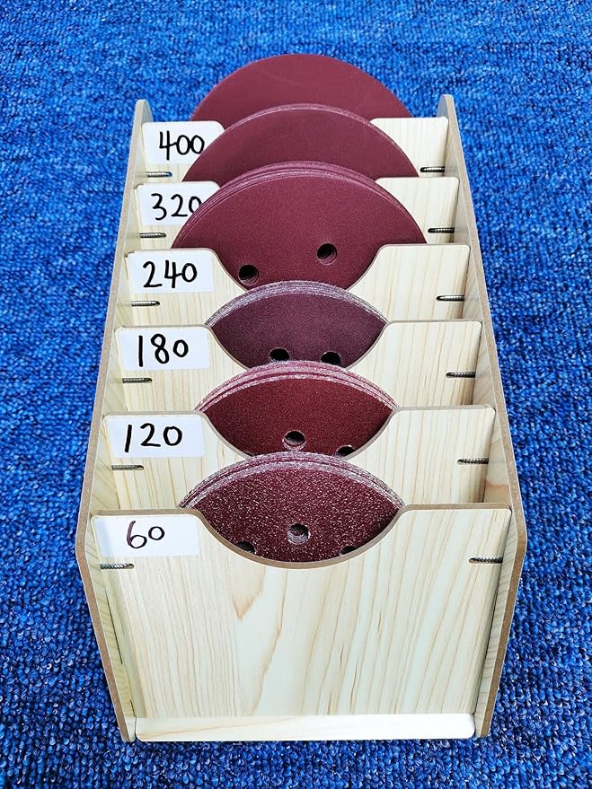 6-Tier Hanging Wooden Sandpaper Storage Holder, Sandpaper Organizer for Sanding Discs 5 Inch 6 Inch, Wall Mount Woodworking Tools Rack(Excluding Sandpaper), Maple Color, 1 Set