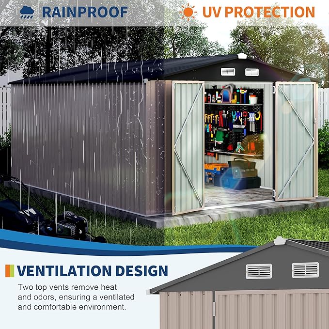 10x14x6.4 FT Outdoor Storage Sheds, Metal Garden Tool Shed for Backyard, Large Metal Sheds Outdoor Storage With Lockable Doors & Air Vents for Backyard Garden Patio Lawn