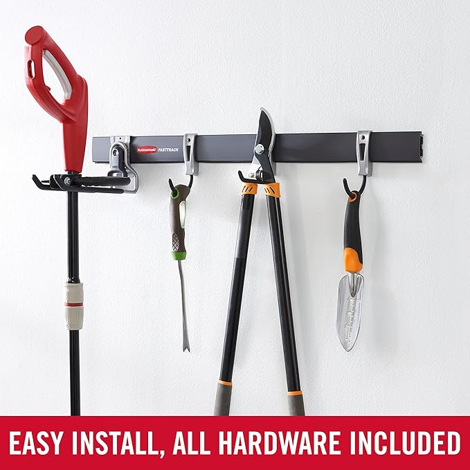 Rubbermaid FastTrack Garage Storage Utility Hooks 5 Piece Black All in One Rail Hook Kit and Tool Organizer Heavy Duty for Home/Garage/Shed/Garden
