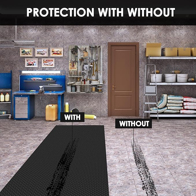 Garage Floor Mat, 16.4x3.2FT Diamond Plate Rubber Flooring Roll, PVC Non-Slip Floor Protector Mat, Thickness Waterproof Parking Mat for Under Car, Warehouse, Gyms, Trailer