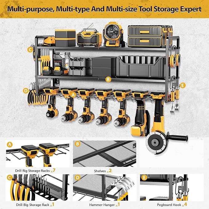 LBT Power Tool Organizer Wall Mount - 3 Layer Heavy Duty Tool Storage Rack with 7 Cordless Drill Holders, Loads 160Lbs Utility Rack for Garage, Workshop, Shed - Cool Gifts for Men, Dad, Husband