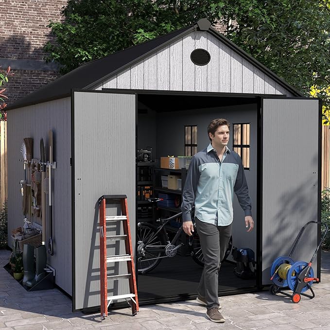 7.3x11.2 FT Resin Outdoor Storage Shed Large, 566 Cuft Garden Tool Sheds & Outdoor Storage Plastic Shed with Floor, 8FT Tall Backyard Lawn Mower Storage Shed with Side Window, Cemented Grey