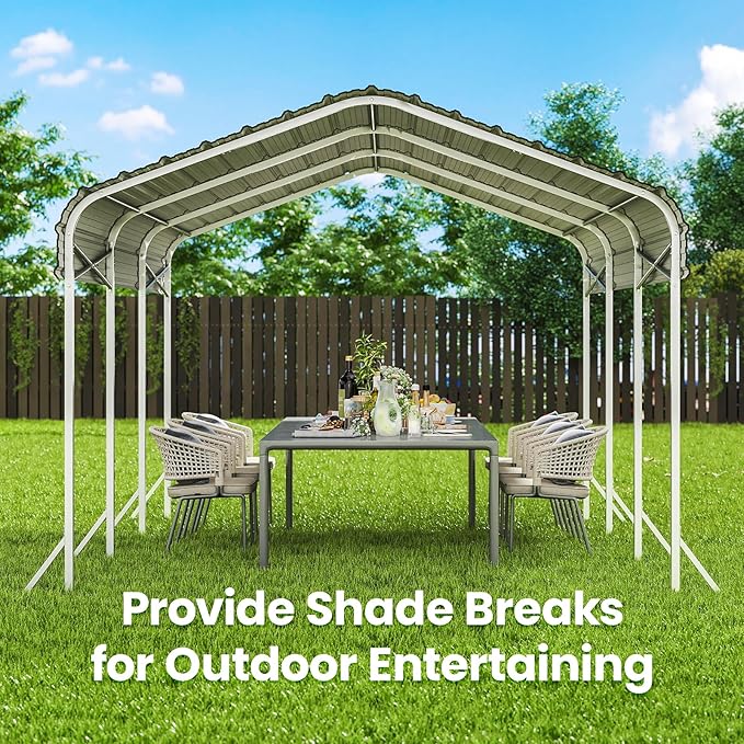 10X15ft Heavy Duty Metal Carport – Outdoor Galvanized Garage, Sturdy Structure, All-Weather Protection, Easy Assembly for Cars, Trucks, Boats, Tractors, and Outdoor Storage (White, 10x15FT)