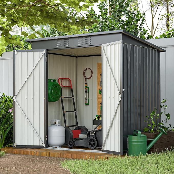 6x4 FT Outdoor Metal Storage Shed with Lockable Door & Floor Frame, Heavy-Duty Garden Tool Shed, Weatherproof Steel Utility Shed for Backyard, Patio, or Lawn Organization